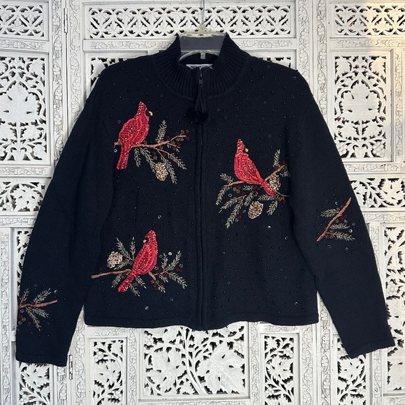 Vintage sequin beaded fairy grunge zip up cardinal bird cardigan size L - Picture 1 of 9